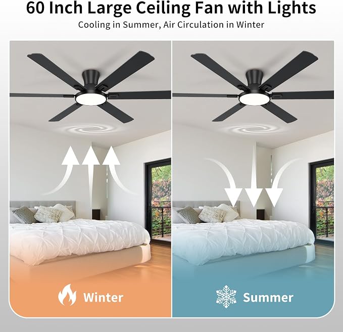 60 Inch Black Ceiling Fans with Lights and Remote, Flush Mount Low Profile 6 Blades Ceiling Fan, Quiet Reversible DC Motor for Living Room, Bedroom and Patio