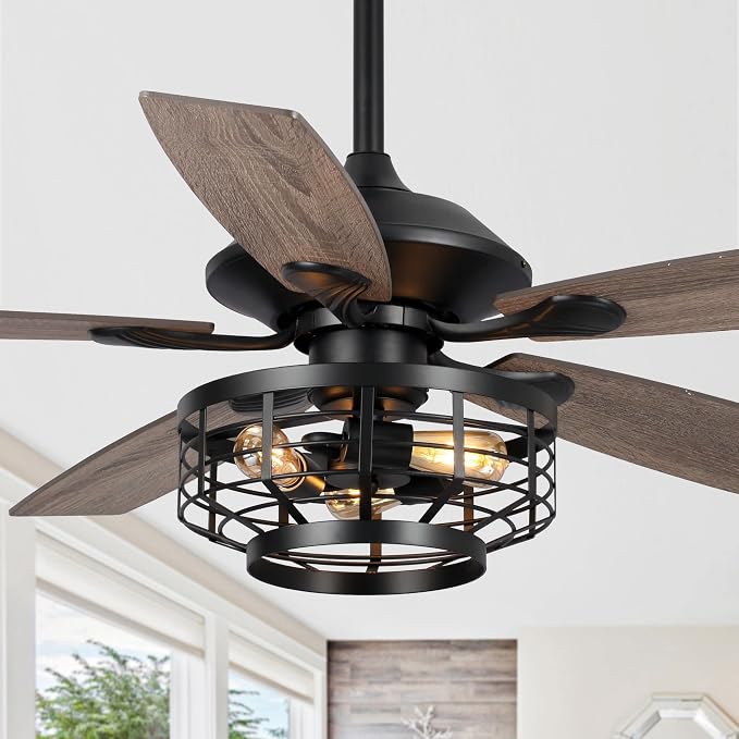52 Inch Farmhouse Ceiling Fans with Lights and Remote Control, 5 Blades Lighting & Ceiling Fans with Timer, 3 Speeds Reversible Motor, Outdoor Ceiling Fan for Living Room, Bedroom, Patio