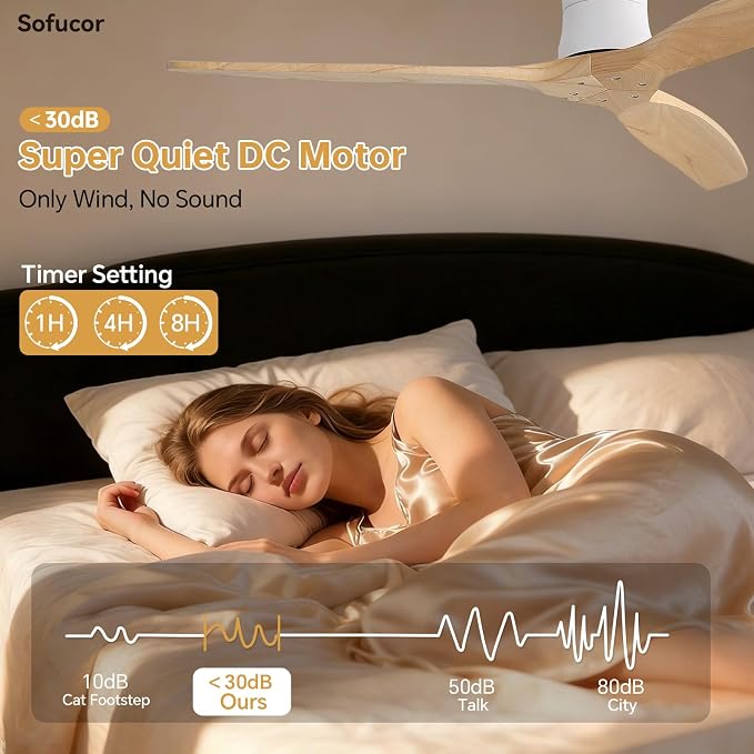 Sofucor 52" Solid Wood Ceiling Fan No Light, Low Profile Flush Mount Ceiling Fan with Remote, Outdoor Modern Ceiling Fan 6-Speed Timing Reversible DC Motor Noiseless for Living Room Bedroom Patio
