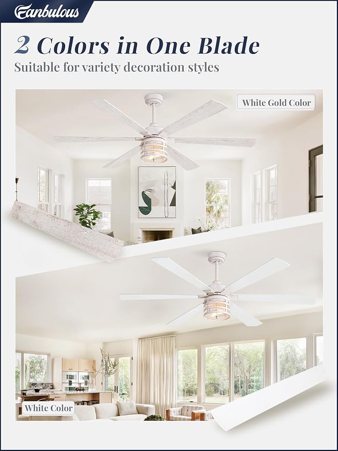 65 Inch Modern Ceiling Fans with Lights and Remote,Farmhouse Large Ceiling Fan with 6-Speed Reversible DC Motor and 6 Dual Finish Blades,White Ceiling Fan with Light for Living Bedroom Patio