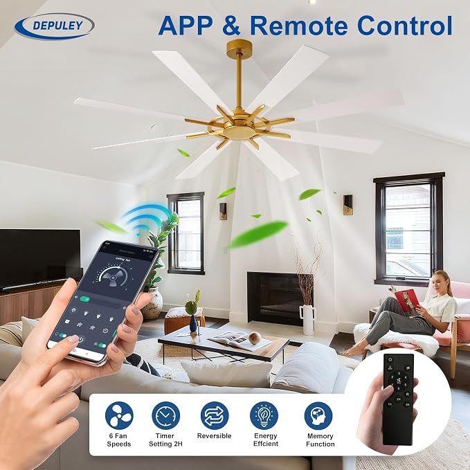 Ceiling Fan Without Light: 66 Inch Big Indoor Outdoor Fan with Remote APP Control - Brass White Large Ceiling Fan no Light 8 Blade Reversible Quiet DC Motor Memory Function Timer