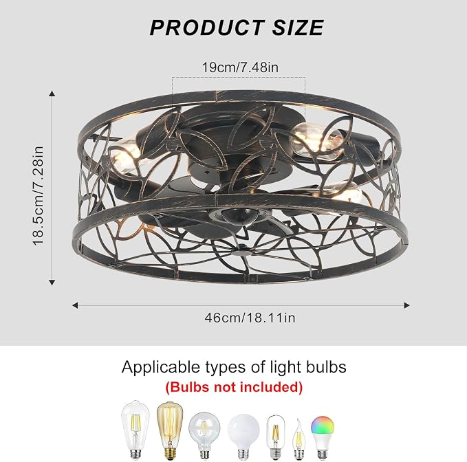 Garwarm Caged Ceiling Fan with Light,18in Rustic Industrial Ceiling Fans with Lights and Remote,Bladeless Fandelier Ceiling Fan,Small Flush Mount Ceiling Fan for Kitchen,Bedroom(6 Speed,Timing)-Bronze