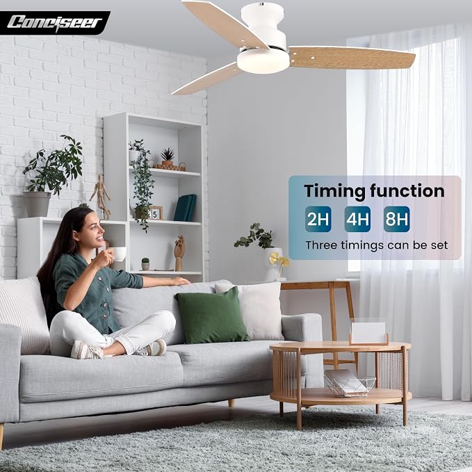 42 Inch Ceiling Fans with Lights and Remote, Bedroom Living Room Office, Flush Mount, 6CCT Dimmable, Dual Color 3 Blades 6 Speed Reversible Quiet DC Motor, White/Wood Grain, 2 Pack