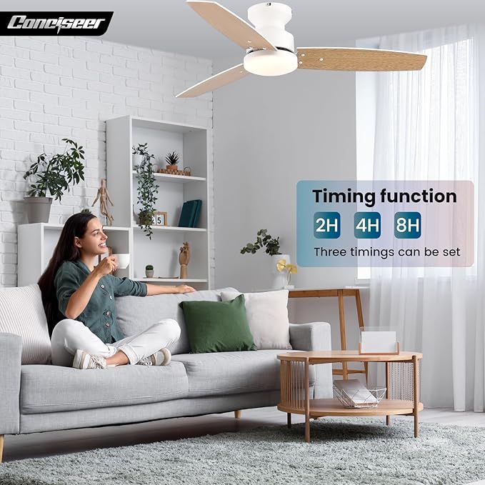 Modern Ceiling Fans with Lights, 42 Inch Ceiling Fan with Light and Remote, Bedroom Living Room Office Outdoor, Flush Mount,18W 6CCT 3 Blades 6 Speed Reversible Quiet DC Motor, White/Wood Grain