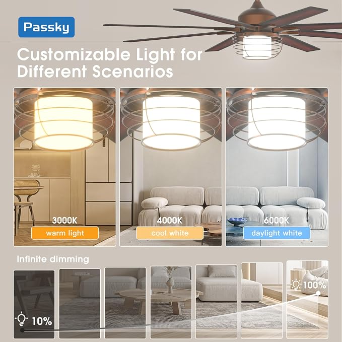 Passky 66 inch Ceiling Fans with Lights,Bronze Ceiling Fan with Light and Remote Control, Reversible, Dimmable, 3CCT, Quiet, Caged Ceiling Fan for Farmhouse, Bedroom, Living Room, Indoor/Outdoor Use