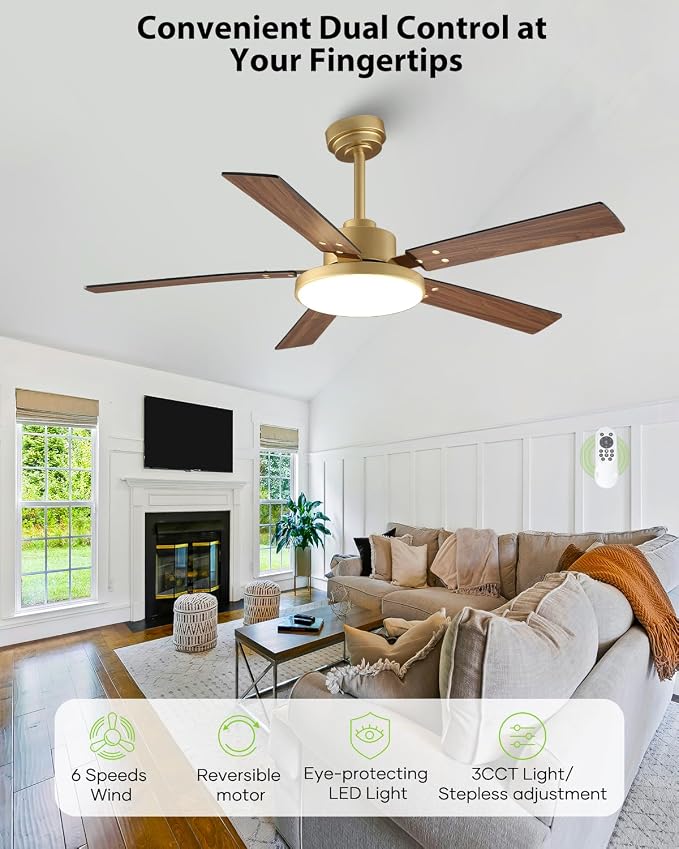 52 Inch Gold Ceiling Fans with Lights and Remote/APP, Modern Sleek Black and Gold Ceiling Fan, ETL Listed, Indoor Smart Black Ceiling Fan for Home Decoration Bedroom Living Room, 3CCT, 6 Speeds