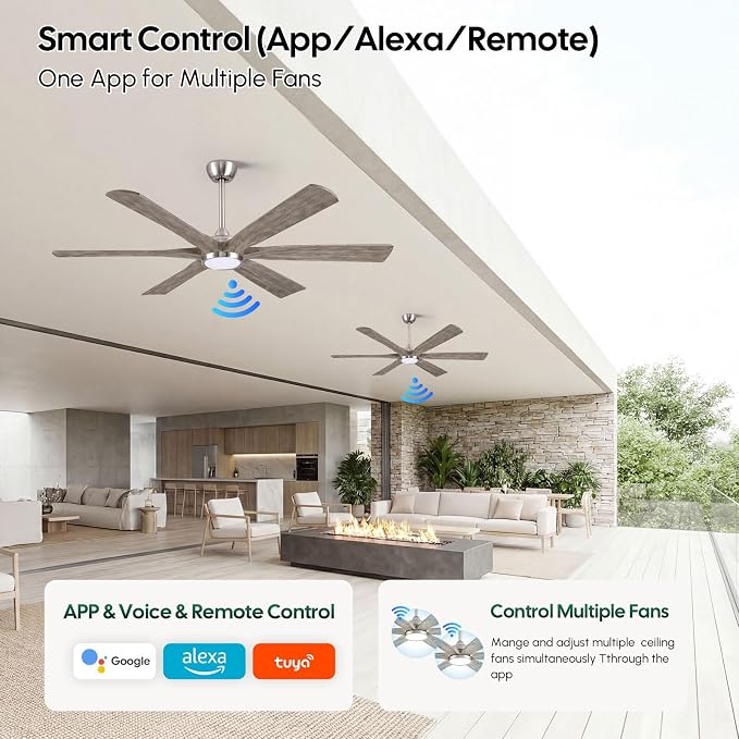 60 Inch Smart Outdoor Ceiling Fan with Light, Modern Farmhouse Style, Works with Alexa/App/Remote, 6 Gray Solid Wood Blades, Damp Rated Quiet DC Motor for Patios, Covered Porches & Indoor Bedrooms