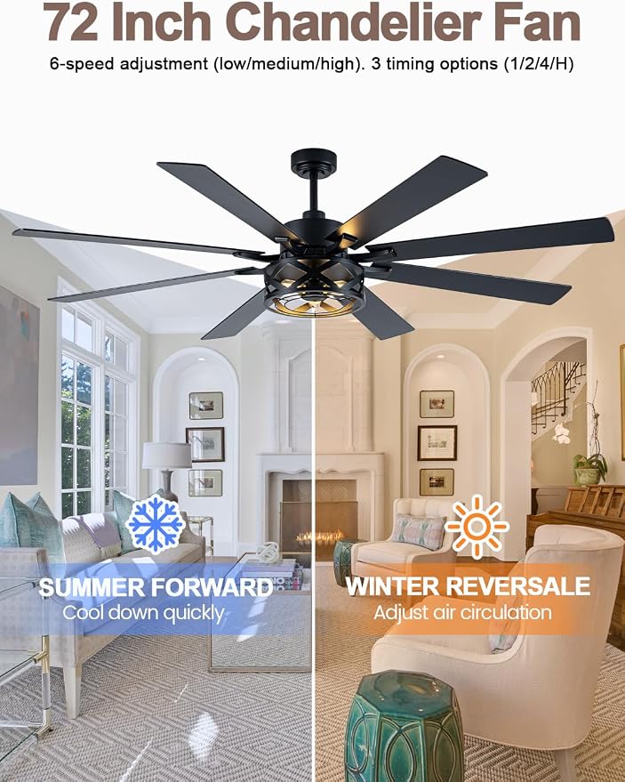 72 Inch Farmhouse Ceiling Fan with Light and Remote Black Rustic Ceiling Fan Quiet and Reversible DC Motor Caged Chandelier Fan for Living Room Bedroom