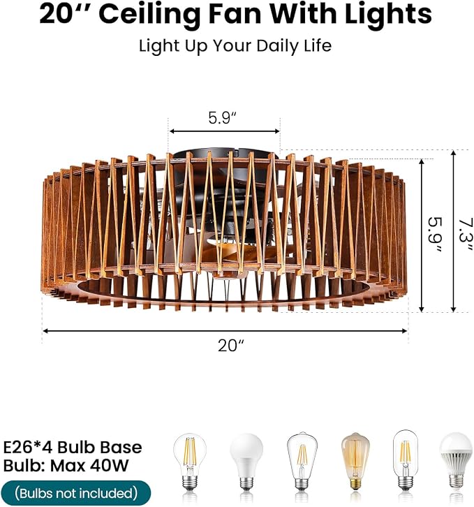20" Flush Mount Ceiling Fan with Light, Wooden Caged Low Profile Fandelier with Remote, 6-Speed Reversible Bladeless Fan, Farmhouse Ceiling Fan for Bedroom, Kitchen, Living Room