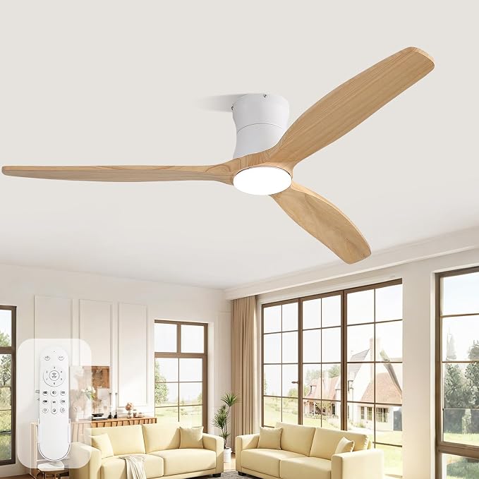 Sofucor 52 Inch Ceiling Fan with Lights and Remote | Low Profile Flush Mount, Outdoor Modern, 6-Speed 3-CCT with Timer, 3 Wood Blades