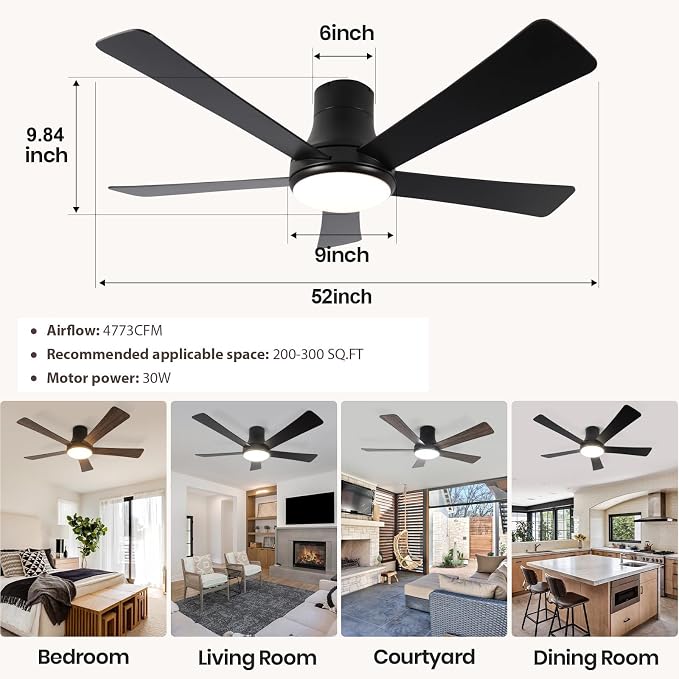 52 Inch Ceiling Fans with Lights and Remote, Flush Mount Black Ceiling Fan, 5 Blades, Dimmable, Reversible Motor, 3-Color Temperatures, 6 Speeds for Bedroom, Living Room, Patio
