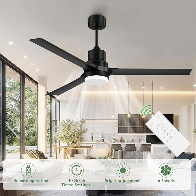 Obabala Outdoor Ceiling Fans with Lights, 52 Inch Black Ceiling Fan with Light and Remote 3 Color 6 Speed Adjustable, Noiseless DC Motor for Indoor Outdoor Patio Farmhouse Bedroom