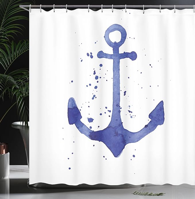 Ambesonne Anchor Shower Curtain, Watercolors Illustration of Anchor Color Drops All Around Navy Equipment Retro Print, Cloth Fabric Bathroom Decor Set with Hooks, 69" W x 75" L, White Navy