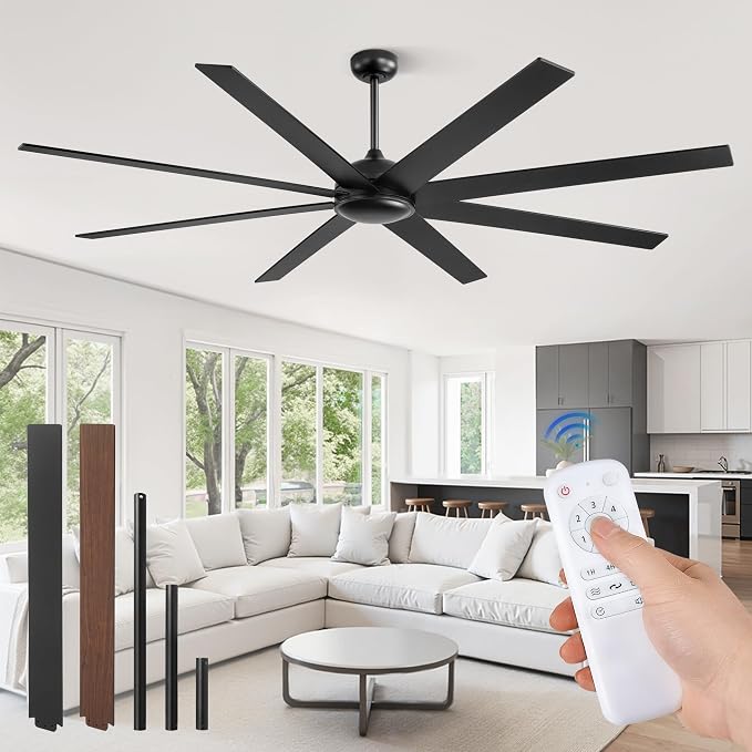 Fanbulous 80 Inch Ceiling Fan No Light with Remote. Large Industrial Ceiling Fans, 6-Speeds, Quiet Reversible DC Motor, 8 Blades, Indoor/Outdoor Ceiling Fan for Living Room, Garage, Patio