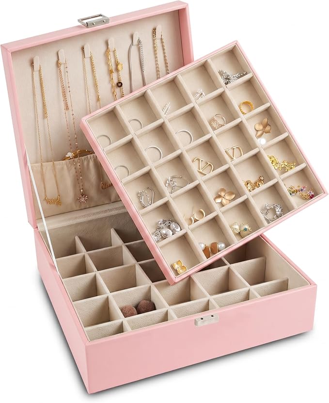 Frebeauty 50 Grid Earring Holder Organizer,2 Layer Jewelry Box for Women | Faux Leather,Velvet Lining,Adjustable Divider,Jewelry Organizer for Ring Necklace and Bracelet,for Home Use and Jewelry Store