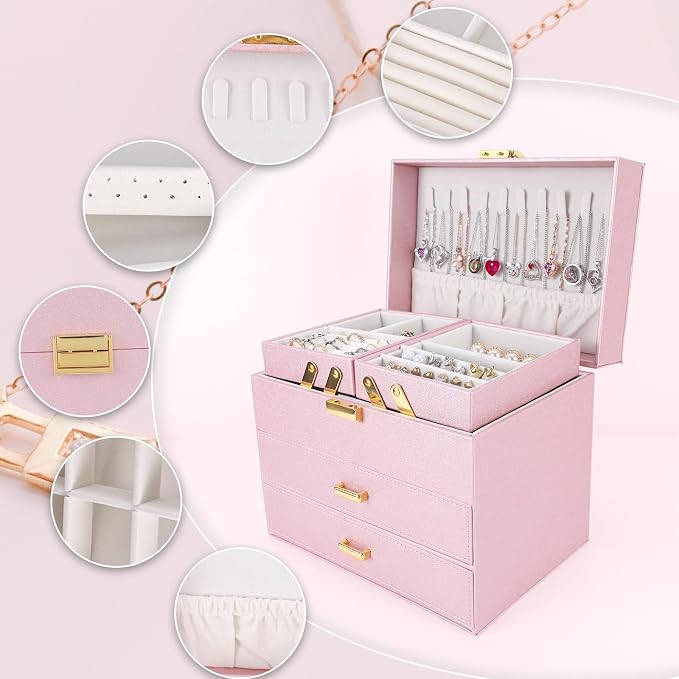 Dajasan Jewelry Organizer Box, Large Jewelry Boxes for Girls, Space-Saving 4 Layers Jewelry Storage Case with Drawer, Gift for Women, Movable Metal Stand, Modern (Pink+ Gold)