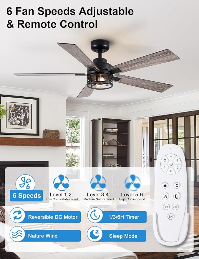 52 Inch Farmhouse Ceiling Fans with Lights and Remote, Black Industrial Caged Ceiling Fans for Bedroom, Living Room, 6-Speed Reversible Quiet DC Motor, Rustic Design