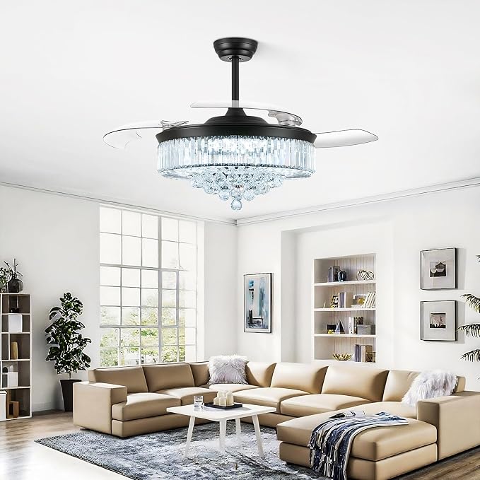 48 Inch Fandelier Ceiling Fans with Light, Chandelier Ceiling Fan, Retractable Ceiling Fan for Bedroom, Living Room, 3 Color Change, LED Dimmable, 6 Speeds, Reversible DC Motor- Black