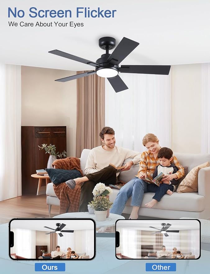 Modern Ceiling Fans with Lights - 42 inch Black Outdoor Ceiling Fan with Light and Remote, Reversible DC Motor, 6-Speed Quiet 3CCT LED Dimmable for Bedroom, Indoor and Outdoor, Patios, ETL Listed