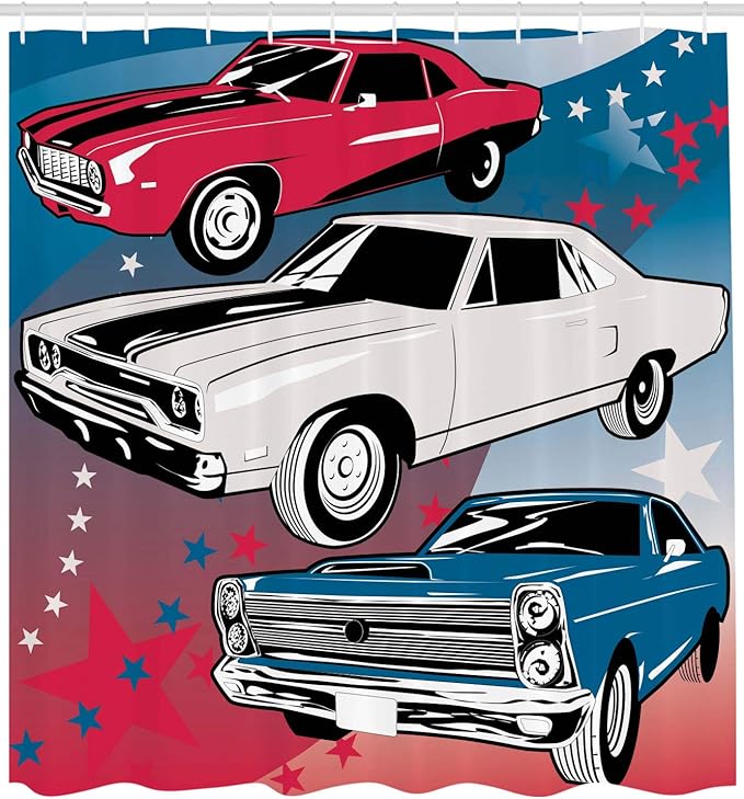 Ambesonne Cars Shower Curtain, Comic Book Style Pop Art Group of Nostalgic American Muscle Cars and Stars Antique Retro Inspired, Cloth Fabric Bathroom Decor Set with Hooks, 69" W x 75" L, Blue Beige