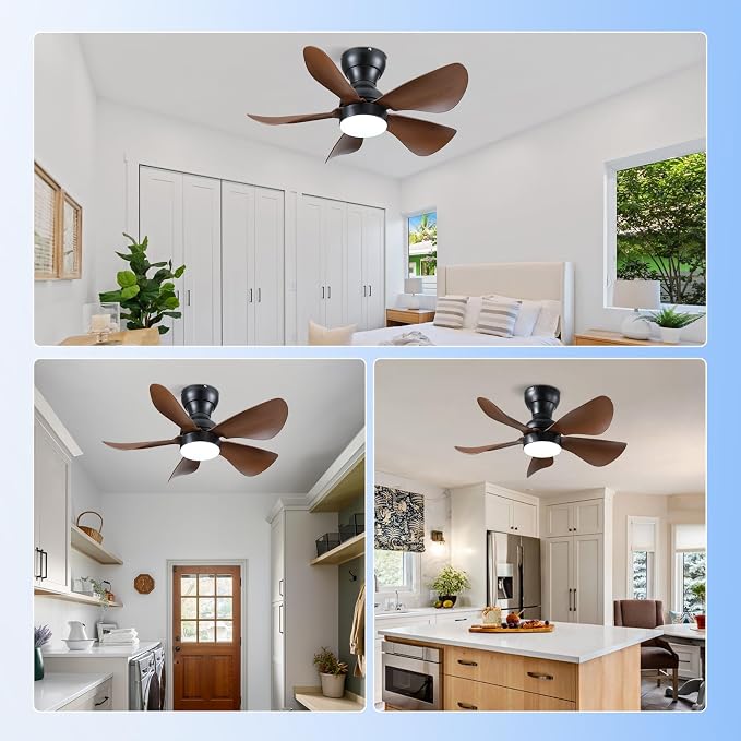Kviflon Ceiling Fans with Lights and Remote/APP Control, 30 inch Low Profile Ceiling Fans with 5 Reversible Blades 3 Colors Dimmable 6 Speeds Ceiling Fan for Bedroom Dining Room, Wood Color