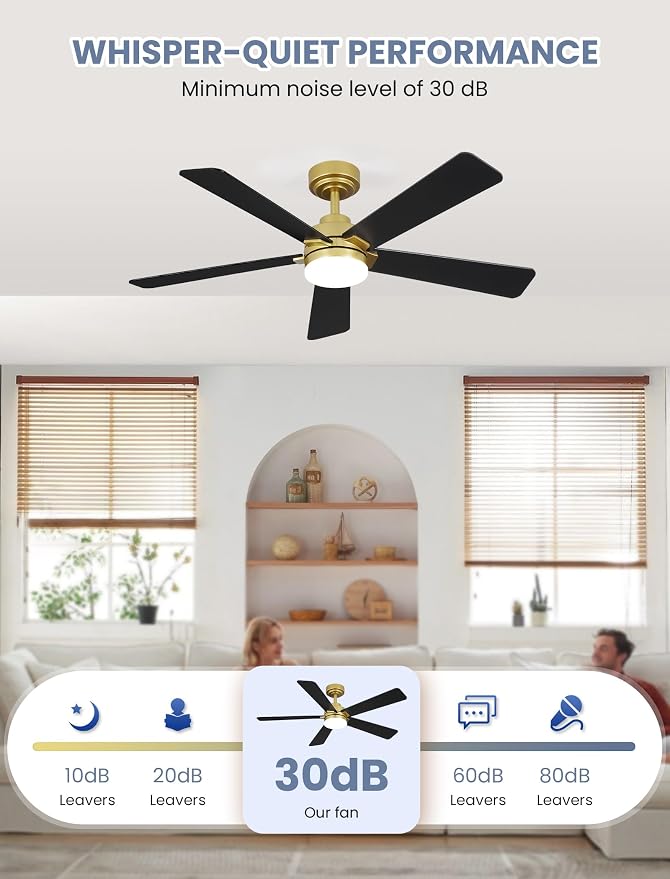 48 Inch Ceiling Fan with Lights and Remote, Downrod Mount, Sloped Ceiling Compatible up to 15°, Quiet Reversible DC Motor, 3CCT Dimmable LED, Gold Ceiling Fan for Bedroom Living Room