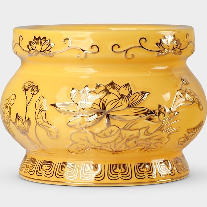 Qinlang Small Yellow Ceramic Buddhist Incense Burner Bowl, Buddha Incense Holder for Stick - 4 Inches