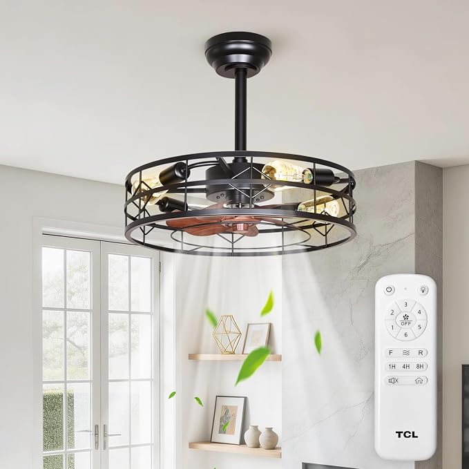 TCL 20 Inch Caged Ceiling Fans with Lights and Remote, Low Profile Flush Mount Fandelier, Rustic Farmhouse Style Ceiling Fans for Bedroom,Kitchen,Living Room,Easy to Install