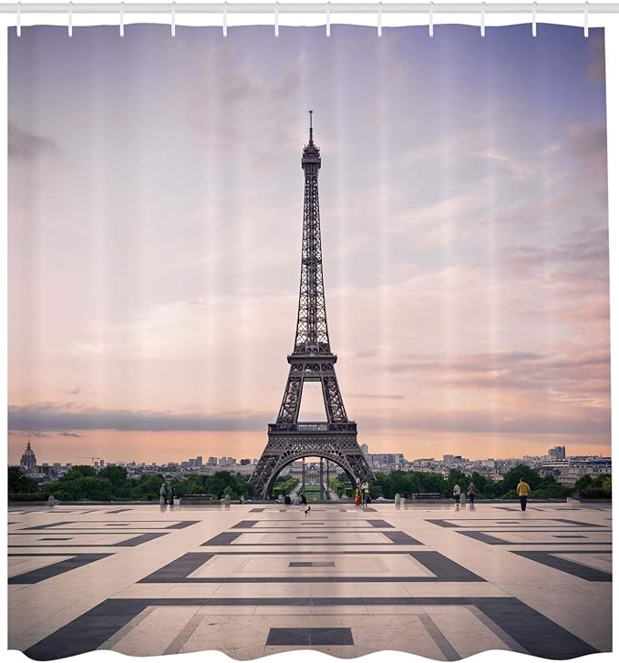 Ambesonne Paris Shower Curtain, Trocadero and Eiffel Tower at Sunshine Paris Skyline Historic Landscape View, Cloth Fabric Bathroom Decor Set with Hooks, 69" W x 84" L, Lavender Dimgray