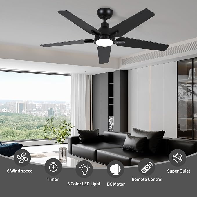 52 Inch Ceiling Fan with Light and Remote Control, Black | 6-Speed Quiet Reversible DC Motor, 3CCT Dimmable 24W LED Light,5 Wood Blades,Used for Bedroom, Living Room, Covered Patio