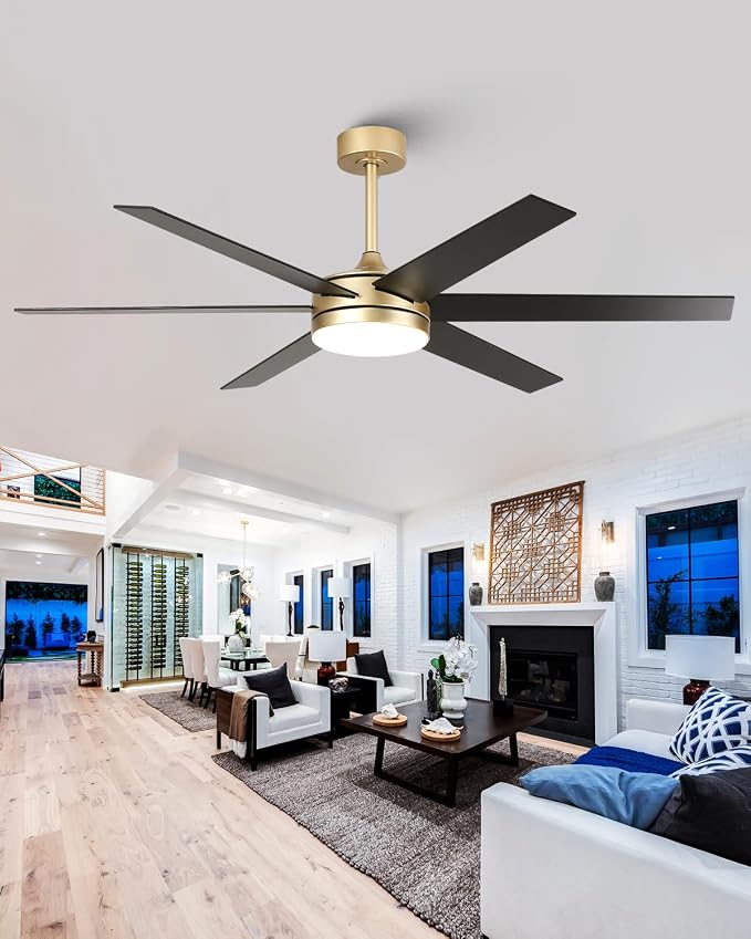 60 Inch Gold Ceiling fans with Lights and Remote/APP, Modern Large Black and Gold Ceiling Fan for Living Room Patio Shop with 3CCT, 6 Speeds, Timer, 5 Blade Indoor Outdoor Sleek Brass Fandelier