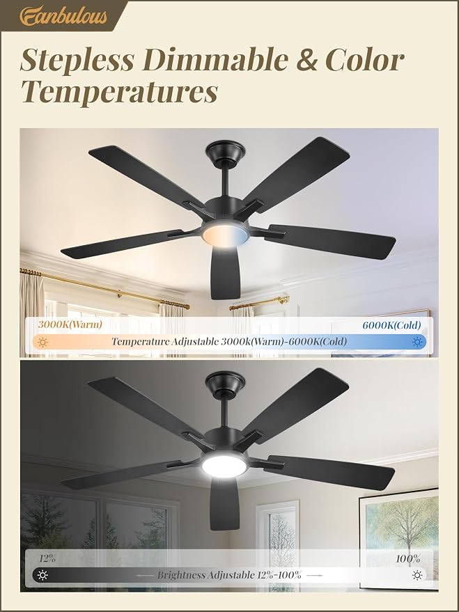 Fanbulous 52 Inch Ceiling Fans with Lights and Remote, Stepless Color Temperature Change & Dimmable 20W LED Ceiling Fan, 6 Speeds Reversible Quiet DC Motor for Bedroom, Living Room, Apartment, Black