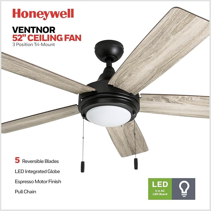 Honeywell Ceiling Fans Ventnor, 52 Inch Modern Farmhouse Indoor LED Ceiling Fan with Light, Pull Chain, Three Mounting Options, Dual Finish Blades, Reversible Motor - 50607-01 (Bronze)