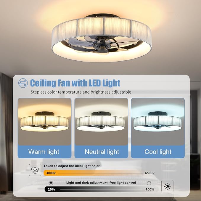 20" Flush Mount Caged Ceiling Fan with Lights, Low Profile Fandelier with Remote/App Control, 6 Speeds Dimmable LED Ceiling Fan, Fabric Farmhouse Style for Bedroom Kitchen Living Room