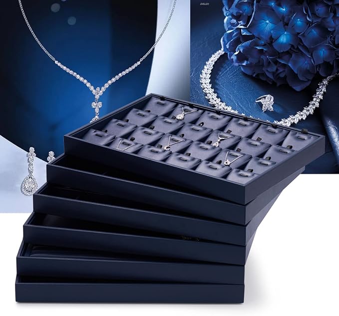 Oirlv Stackable Premium Leather Jewelry Trays 24 Grid Jewelry Organizer for Drawer Rings Earrings Holder Organizer | Blue Leather Exterior, Soft Microfiber Interior, 24 Grid Inserts, Elegant Blue Color, Versatile Jewelry Organizer