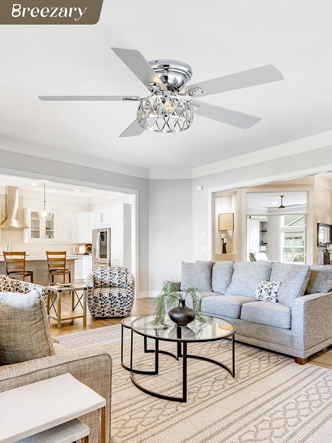 52 Inch Flush Mount Ceiling Fans with Lights and Remote, 5-Blade, 6-Speed Reversible DC Motor, Modern Low Profile Ceiling Fan Crystal Fandeliers for Bedroom Living Room Kitchen (Chrome)