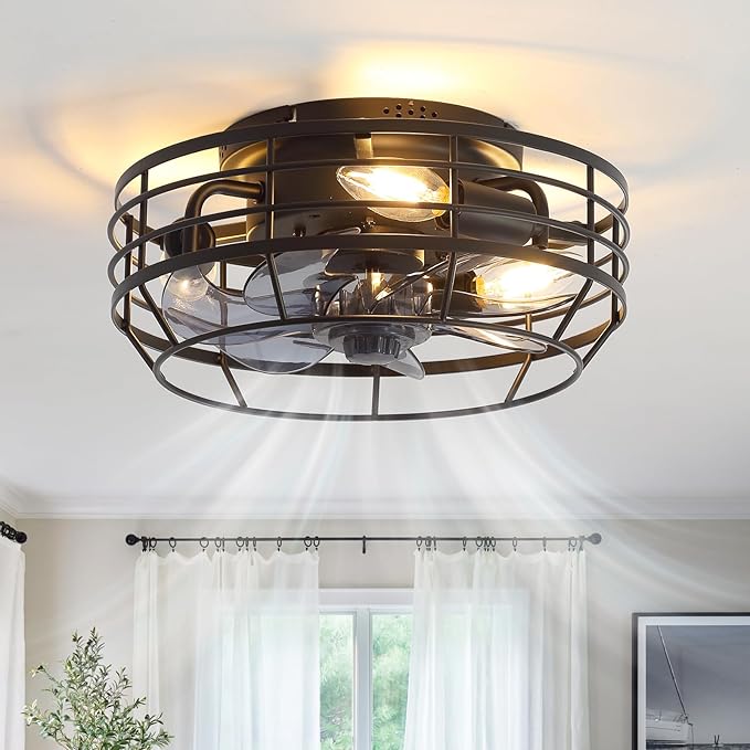 Farmhouse Caged Ceiling Fan with Light, Bladeless Flush Mount Fan Lights Ceiling Fixtures with Remote, 12 in 6 Speeds Indooor Lights for Kitchen, Living Room, Bedroom, Black