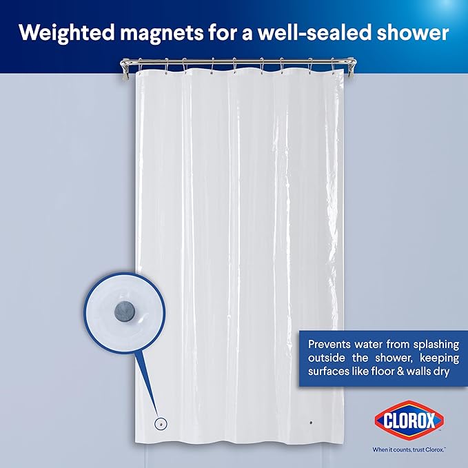 Clorox Shower Curtain Liner, Premium Medium-Weight Durable Waterproof 6g PEVA for Bathroom with Weighted Magnets, Extra Long 54" x 78", Clear 1 Pack