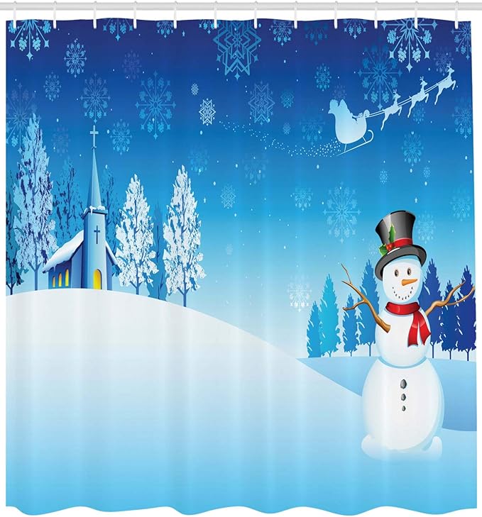 Ambesonne Christmas Shower Curtain, Snowman on The Christmas Eve Santa's Sleigh in The Starry Sky Fantasy Artwork, Cloth Fabric Bathroom Decor Set with Hooks, 69" W x 70" L, Blue White