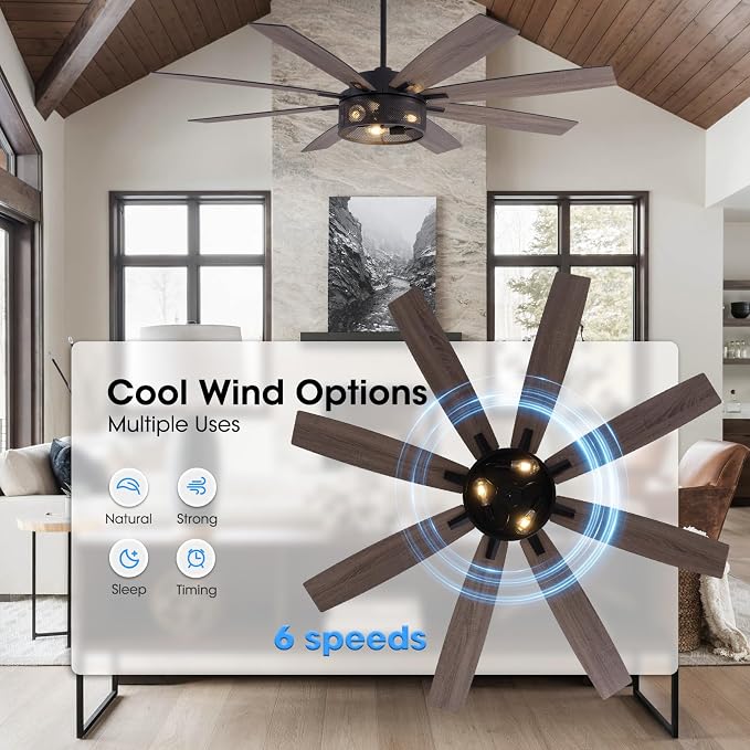 LuminFan 72 inch Large Ceiling Fans with Lights and Remote, Black Modern Ceiling Fan for Living Room, Patios, 6 Speed Reversible Quiet DC Motor, 8 Blades, Easy to Install