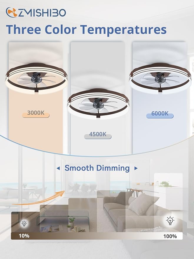 ZMISHIBO Low Profile Ceiling Fans with Lights and Remote, 20 Inch Flush Mount Ceiling Fan with Light, 3000K-6000K Dimmable Fandelier LED Fan Light, 6 Wind Speeds Brown Ceiling Fans for Bedroom
