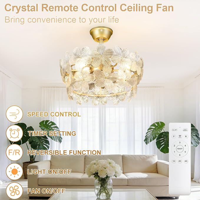Depuley Bedroom Ceiling Fan with Lights: 20" Gold Chandelier Small Fan with Remote Control - Modern Flower Fandelier for Girl's Bedroom Living Room Nursery (E26 Bulbs Not Included)