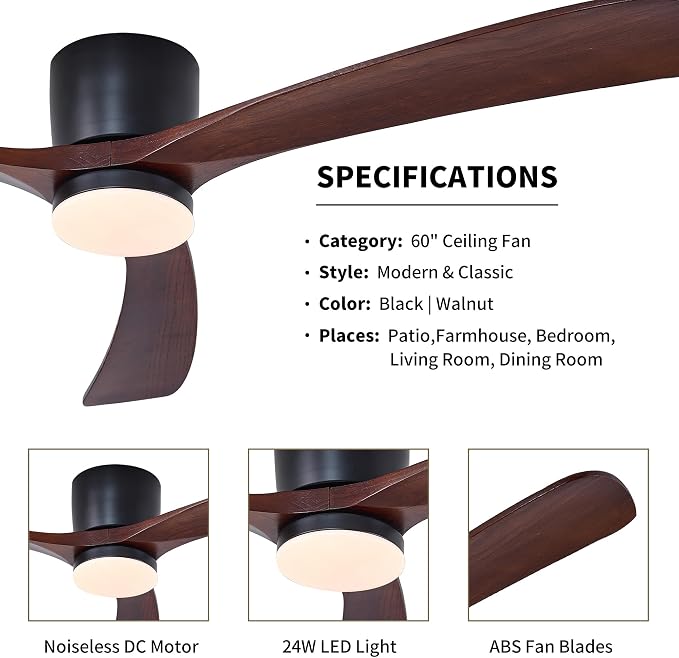 60" Wood Ceiling Fan with Lights Remote, Reversible DC Motor 6-Speed Ceiling Fan, 3 Blades Low Profile Flush Mount Ceiling Fans, Modern Ceilingfans for Low Profile, Walnut and Matte Black