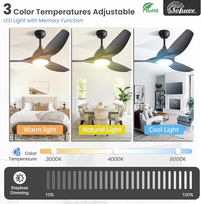 Sofucor 52 Inch Outdoor Ceiling Fans with Lights, Modern Ceiling Fan with 3 Plastic Blade, Quiet, Dimmable, High 7000CFM 6-Speed 3-Timer Reversible DC Motor, for Bedroom Living Room, ETL, Black