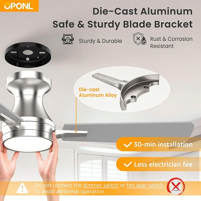 OPONL Ceiling Fan with Light, 42 inch Low Profile Ceiling fan with Light and Remote Control, Reversible, 6CCT, Dimmable, Noiseless, Nickel Ceiling Fan for Bedroom, Indoor/Outdoor Use, Modern