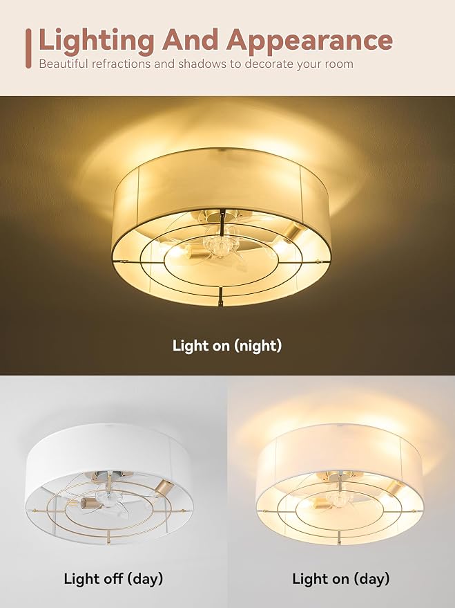 Low Profile Ceiling Fans with Lights, 20" Boho Rattan Ceiling Fan with Light Flush Mount and Remote Control, Drum Caged with 6 Speeds for Bedroom, Nursery, Living Room
