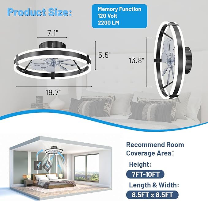 19.7" Low Profile Bladeless Ceiling Fan withLights & Remote -Flush Mount Fandelier LightFan for Bedroom/Kitchen, 3000-6000KDimmable LED, 6-Speed Modern Fan withLights for Home/Office