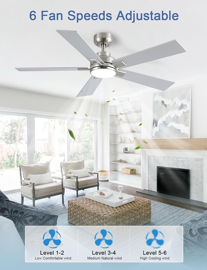 Modern Ceiling Fans with Lights - 52 inch Brushed Nickel Ceiling Fan with Light and Remote, Reversible DC Motor, 6-Speed Quiet 3CCT for Bedroom, Indoor, Patios, ETL Listed