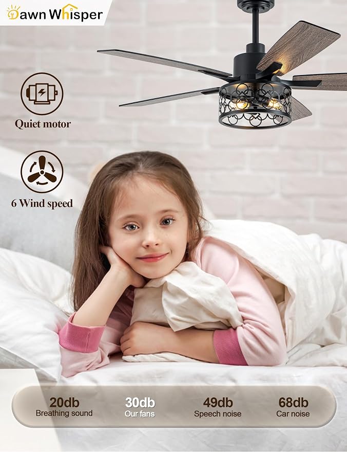 Dawn Whisper 52 Inch Farmhouse Ceiling Fans with Lights and Remote Quiet and Reversible DC Motor Black Industrial Rustic Caged Ceiling Fan for Bedroom Living Room Covered Patio (12-Black)