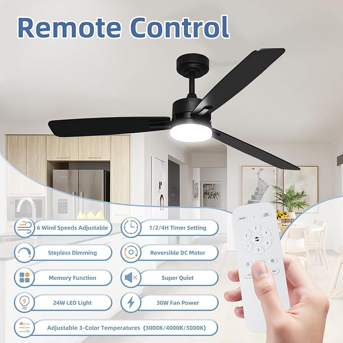 hykolity 52 Inch Modern Black LED Ceiling Fan with Light and Remote Control | 3CCT Dimmable LED Light, Quiet Reversible DC Motor, 6-Speed, Downrod Included, 3 Blade Ceiling Fans for Bedroom Living Room